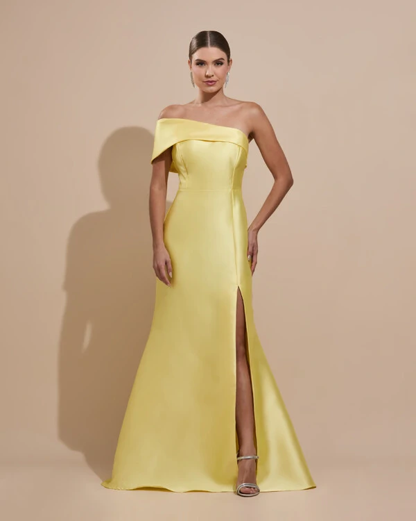 Vestido de Festa Zibeline com Faixa Ombro a Ombro Amarelo Manteiga