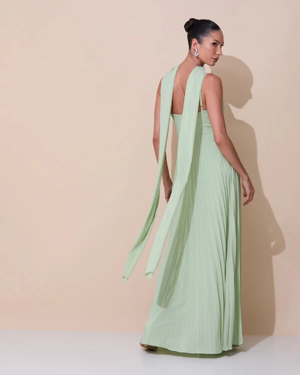 Vestido de Festa Longo Plissado Crepe Chiffon com Alça e Lenço Verde Menta New