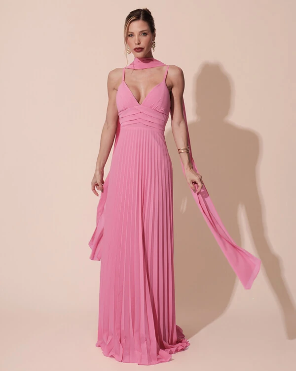 Vestido de Festa Longo Plissado Crepe Chiffon com Alça e Lenço Rosa
