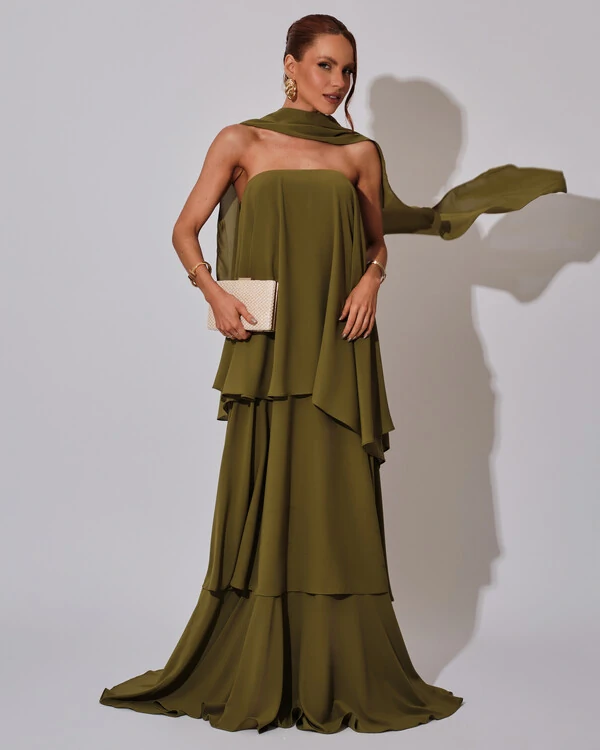 Vestido de Festa Longo Chiffon Crepe em Camadas com Lenço Verde Escuro