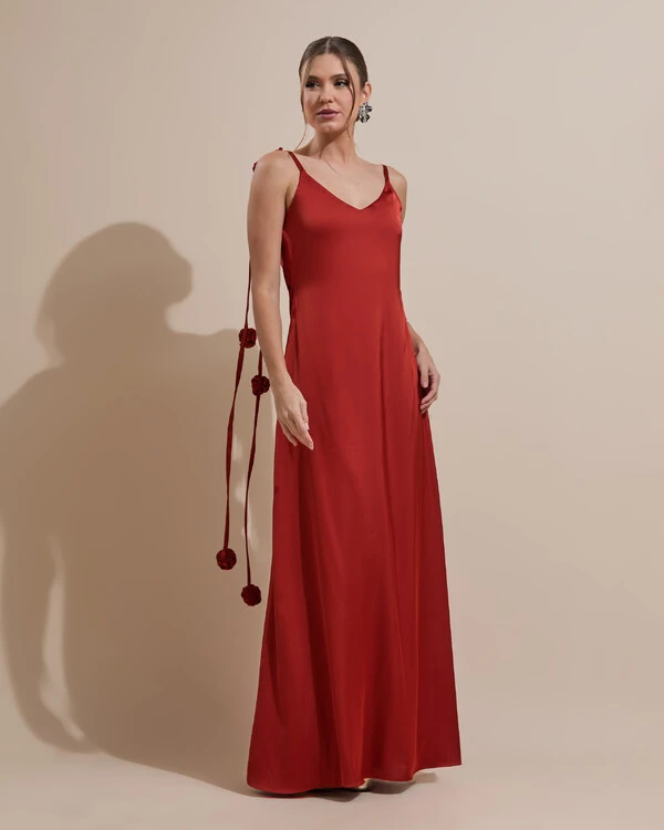 Vestido de Festa Longo Decote Degagê Costas Cetim Flores 3D Alças Terracota