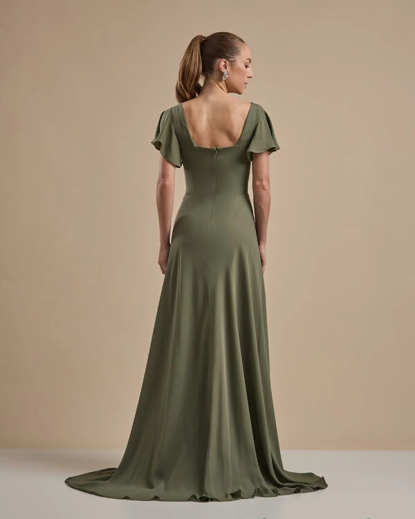 Vestido de Festa Longo Crepe Chiffon Manga Babado e Fenda Verde Oliva