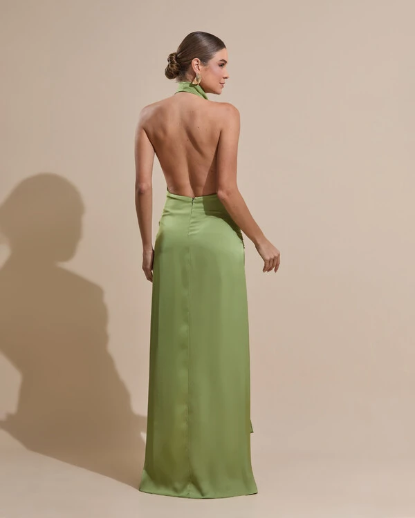 Vestido de Festa Longo Cetim Frente Única Degagê com Faixa Drapeada Verde Pistache