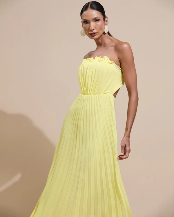 Vestido de Festa Longo Tomara que Caia Plissado Detalhe Amarelo Manteiga