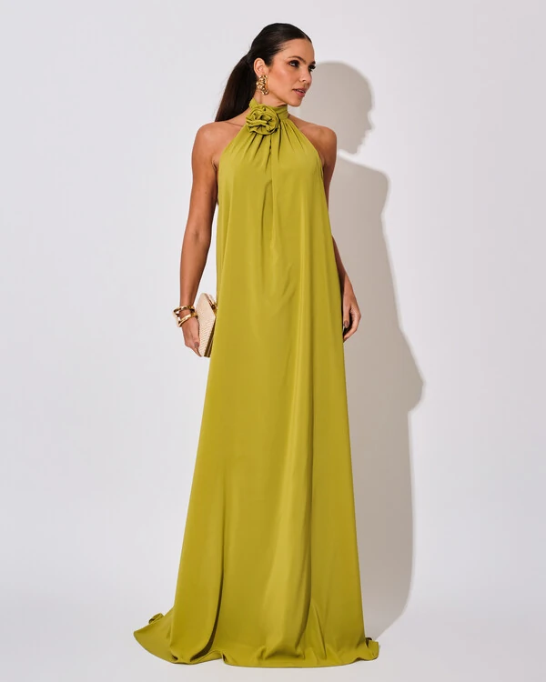 Vestido Longo Crepe Chiffon Frente Única Fluido Flor Removível Verde Lima