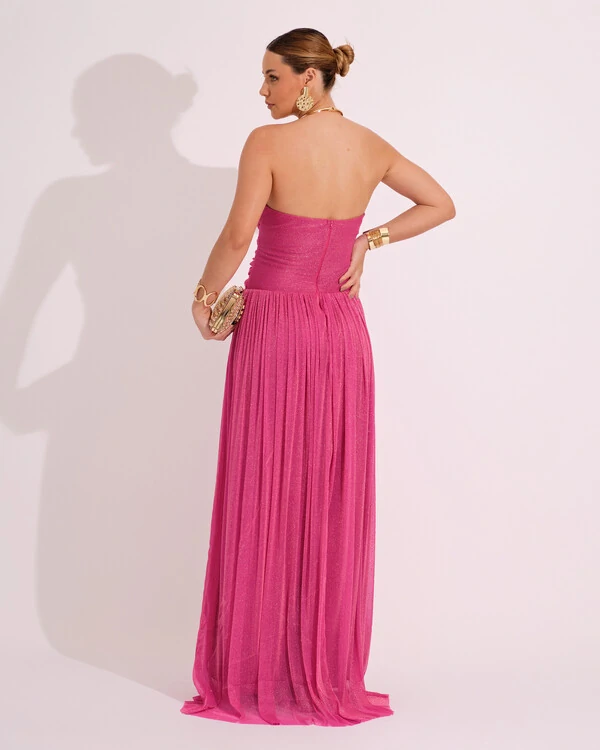 Vestido de Festa Longo Tule Brilho Tomara que Caia Recortes Pink