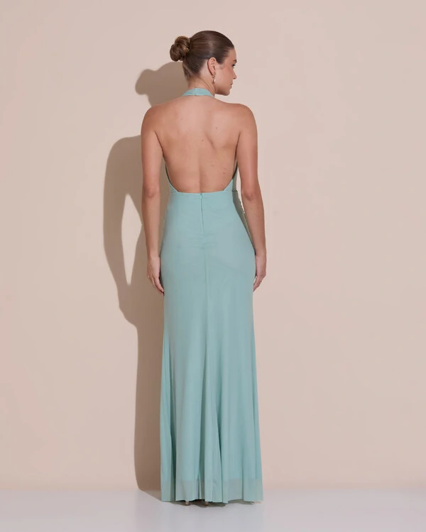 Vestido de Festa Longo Frente Única Decote V Tule Drapeado Faixa Verde Menta