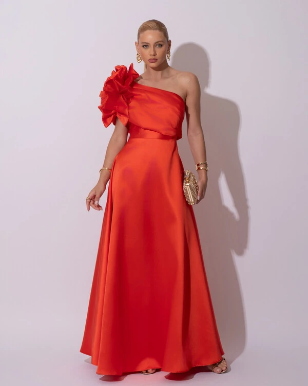 Vestido de Festa Longo Zibeline um Ombro Só Flor Drapeado Laranja