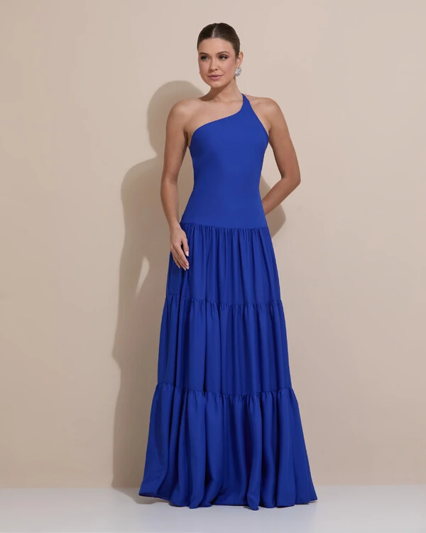 Vestido de Festa Longo Um ombro Só Crepe Chiffon Saia Fluida Azul Royal