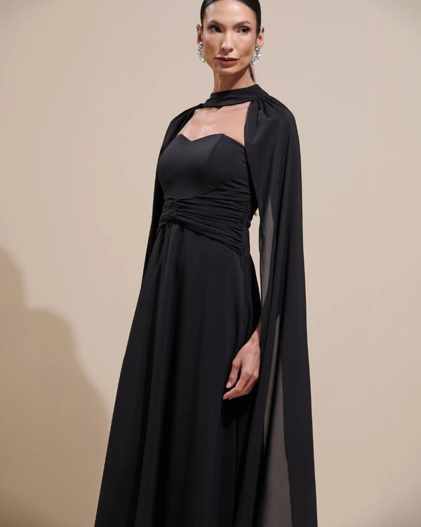 Vestido de Festa Longo Tomara Que Caia Crepe Chiffon Drapeado Capa Preto