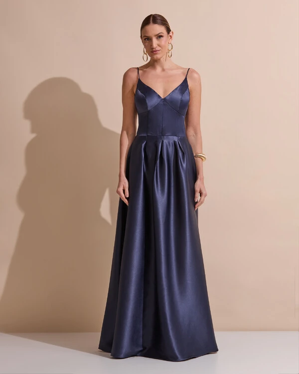 Vestido de Festa Longo Alça Fina Decote V Cetim Saia Evasê Azul Marinho Escuro
