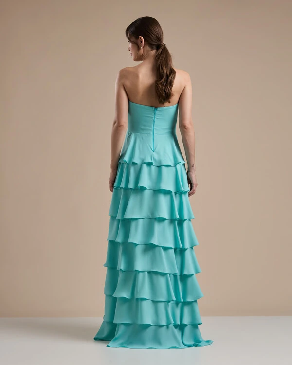 Vestido Longo Crepe Chiffon Tomara que Caia Plissado em Camadas Tiffany