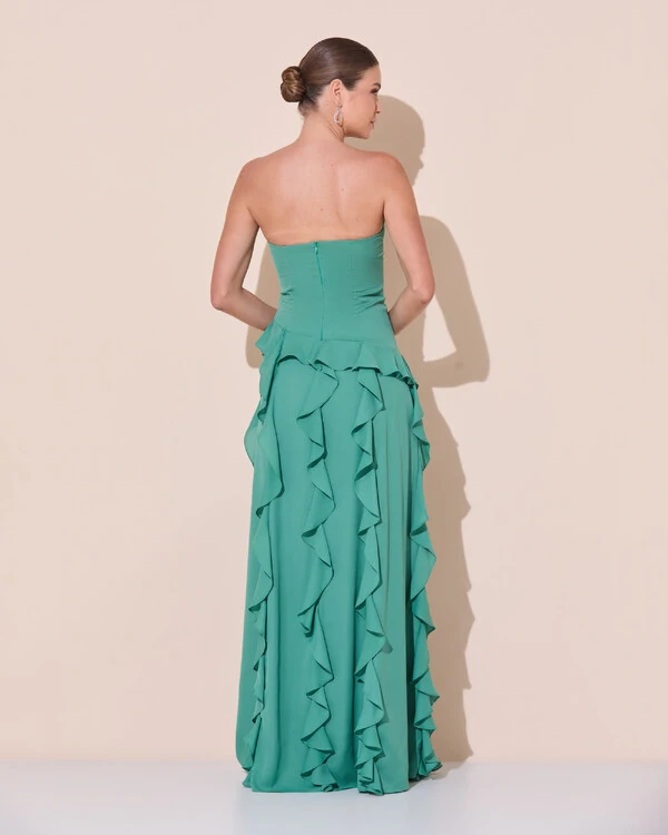 Vestido de festa Longo Tomara que Caia Crepe Chiffon com Babados Cascata e Fenda Verde Matcha Escuro