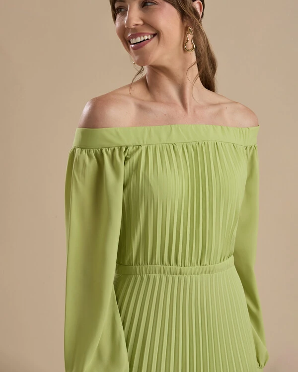 Vestido de Festa Longo Crepe Chiffon Plissado Ombro a Ombro Verde Pistache