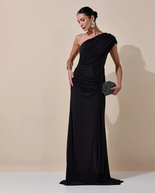 Vestido de Festa Longo Um Ombro Só Tule Drapeado Faixa Preto