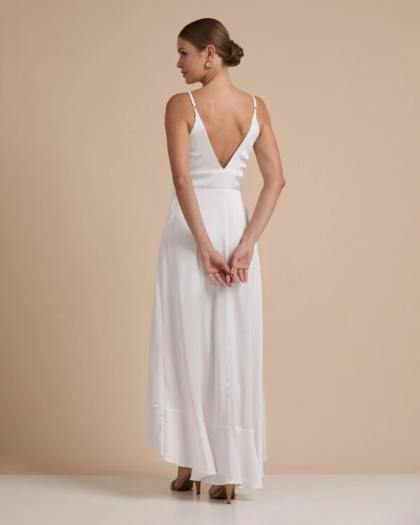 Vestido Midi Babado Acetinado Branco