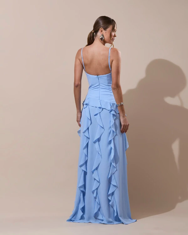 Vestido de Festa Longo Decote V Crepe Chiffon Babados Cascata e Fenda Serenity