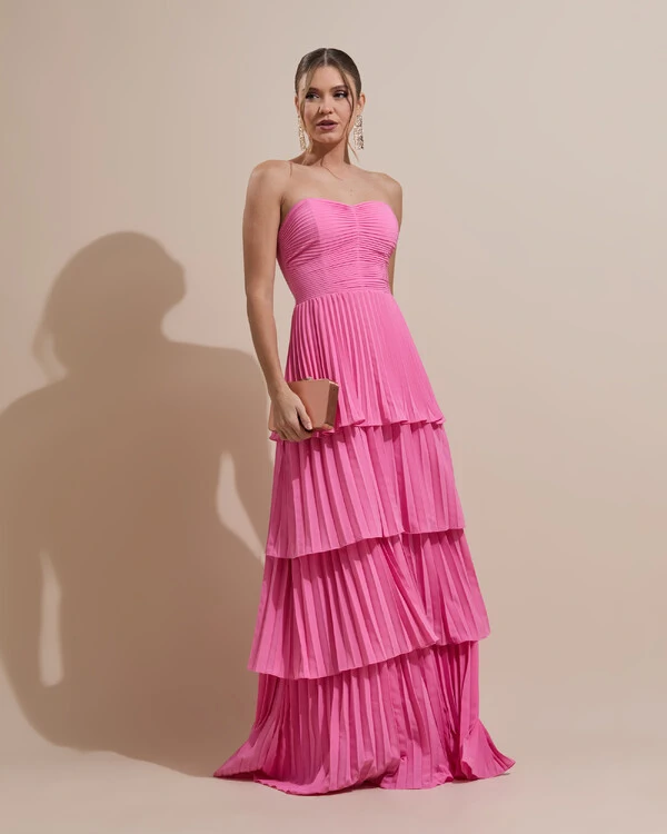 Vestido de Festa Longo Tomara que Caia Crepe Chiffon Plissado Camadas Rosa