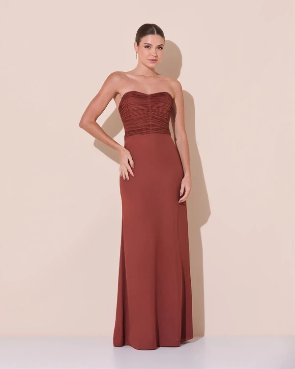 Vestido de Festa Longo Ombro a Ombro Plissado Crepe Chiffon Capa Flor 3D Marrom New