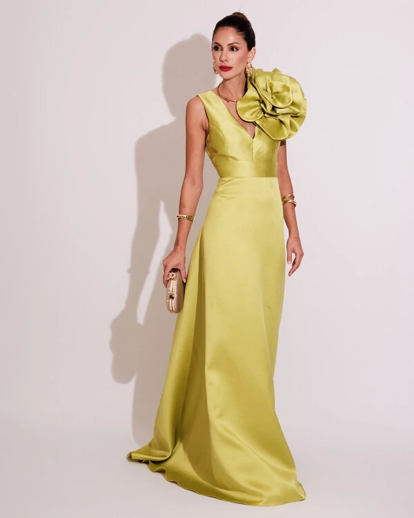 Vestido de Festa longo Zibeline Flor Verde Lima