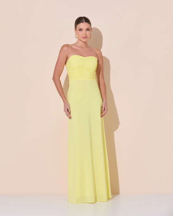 Vestido de Festa Longo Ombro a Ombro Plissado Crepe Chiffon Capa Flor 3D Amarelo Manteiga