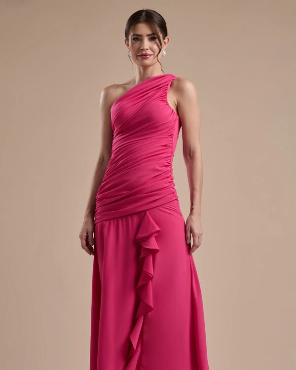Vestido de Festa Longo Crepe Chiffon Um Ombro Só Drapeado com Babado Cascata Pink New