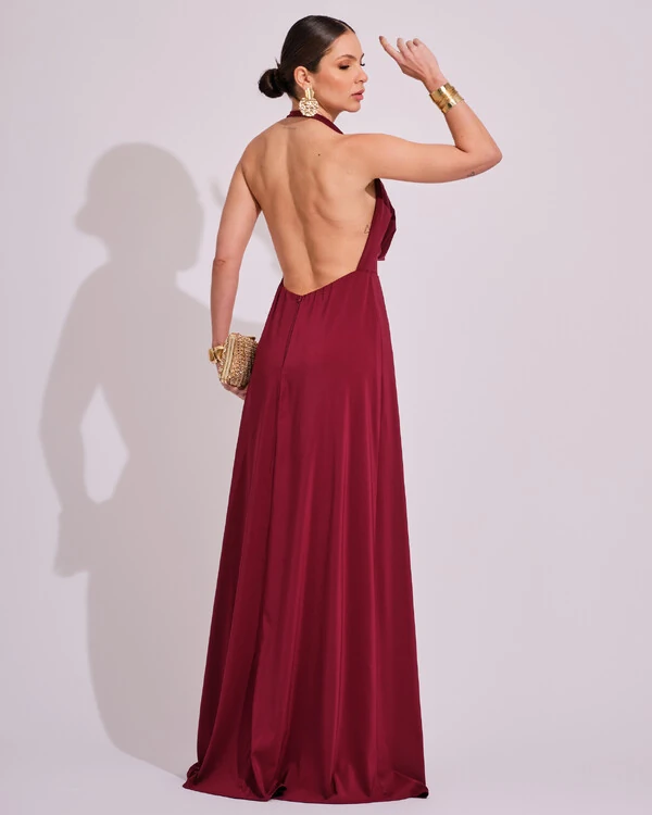 Vestido de Festa Longo com Decote Degagê Marsala