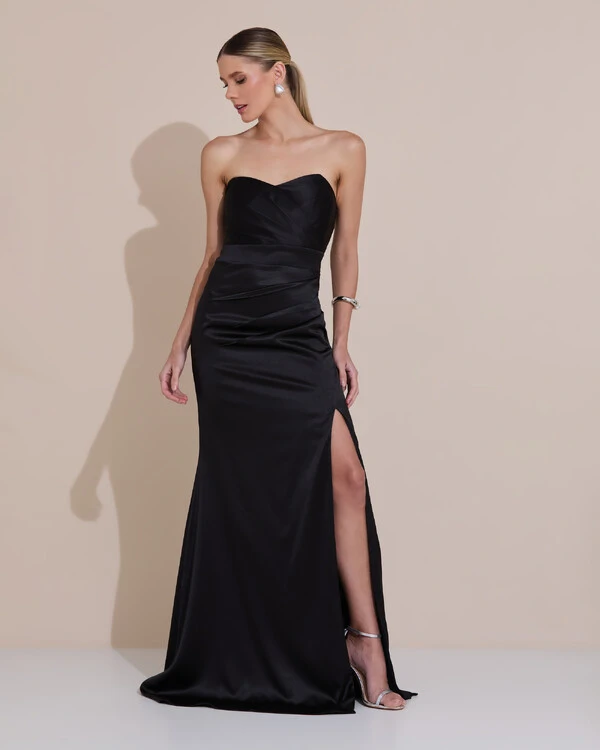 Vestido de Festa Longo Cetim Alfaiataria Tomara que Caia Fenda Preto