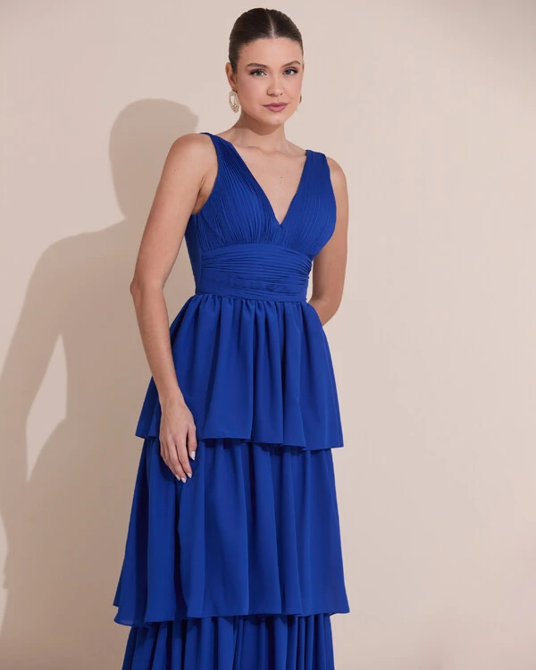 Vestido de Festa Longo Decote V Crepe Chiffon Plissado Camadas Babado Azul Royal