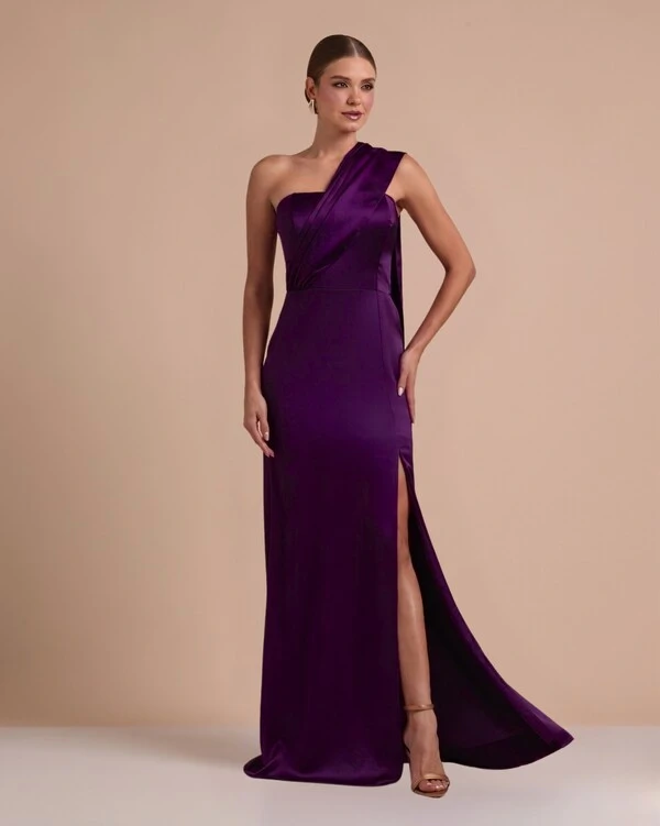 Vestido de Festa Longo Cetim Alfaiataria Tomara que Caia com Faixa Lenço Roxo