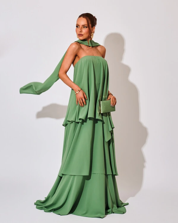 Vestido de Festa Longo Chiffon Crepe em Camadas com Lenço Verde Claro