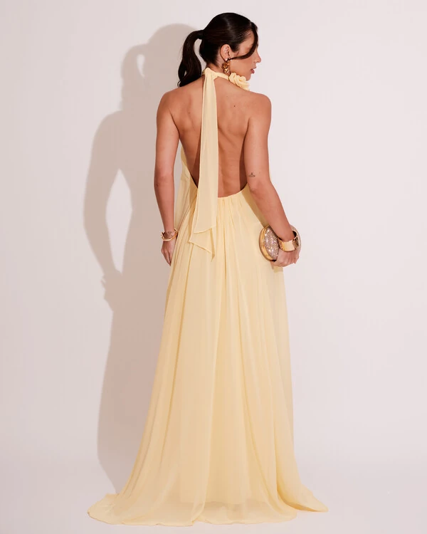 Vestido Longo Crepe Frente Única Fluido Flor Removível Amarelo Manteiga