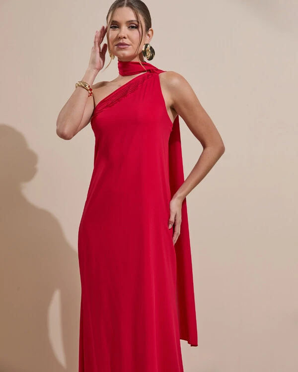 Vestido de Festa Longo Crepe Chiffon Um Ombro Só Drapeado Vermelho