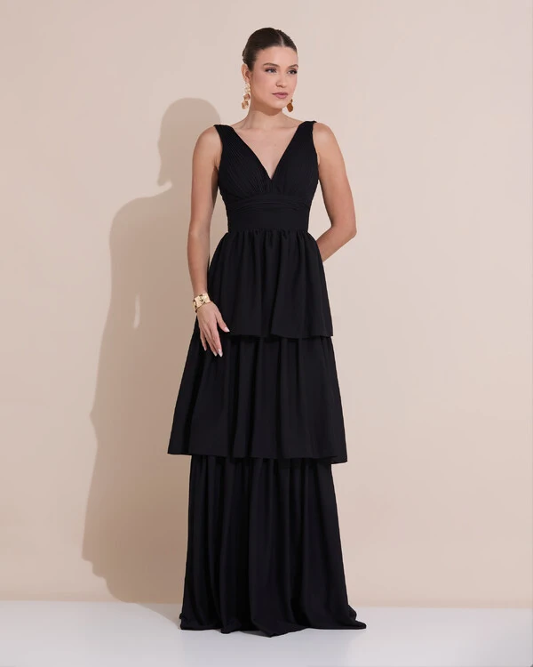 Vestido de Festa Longo Decote V Crepe Chiffon Plissado Camadas Babado Preto