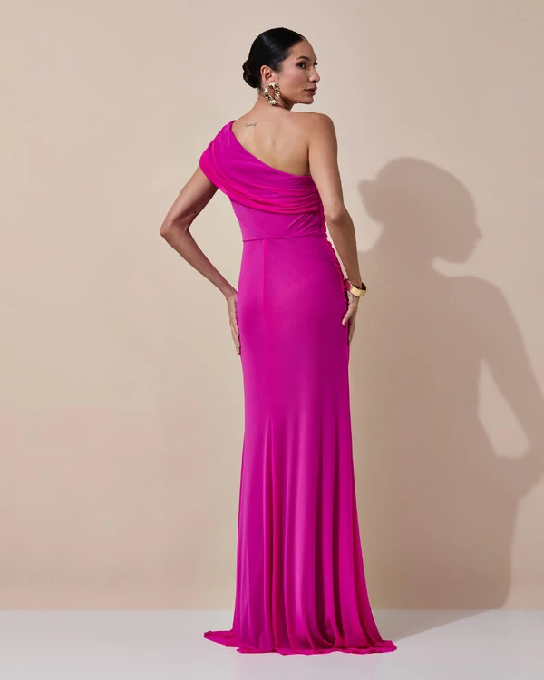 Vestido de Festa Longo Um Ombro Só Tule Drapeado Faixa Pink New