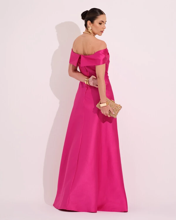 Vestido de Festa Longo Ombro a Ombro Laço Zibeline com Fenda Pink