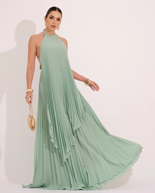 Vestidos de Festa Longo Chiffon Fluido Frente Única Plissado Duplo Verde Menta