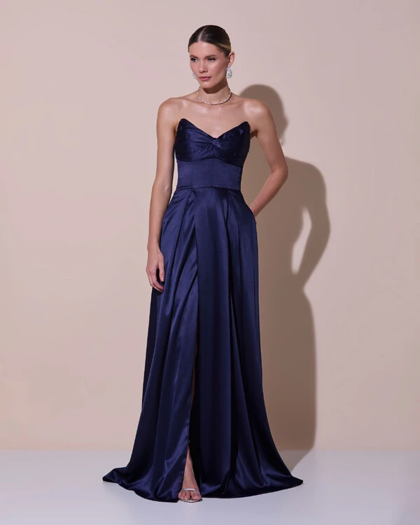 Vestido de Festa Longo Tomara que Caia Cetim Decote Coração Fenda Azul Marinho Escuro