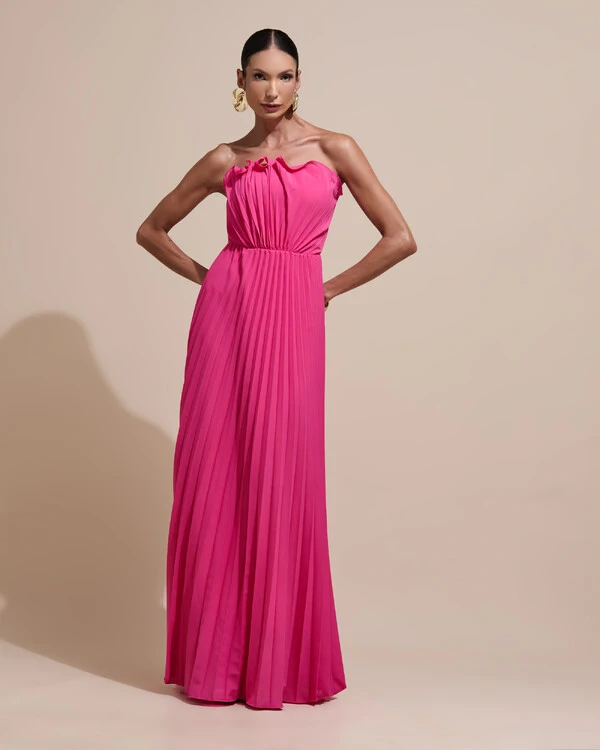 Vestido de Festa Longo Tomara que Caia Plissado Detalhe Pink New