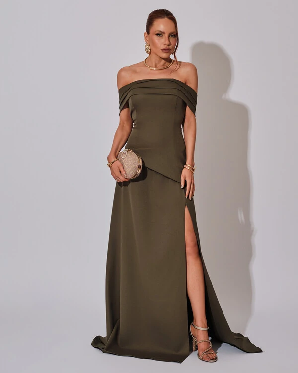 Vestido de Festa Longo Alfaiataria Ombro a Ombro Drapeado com Fenda Verde Oliva