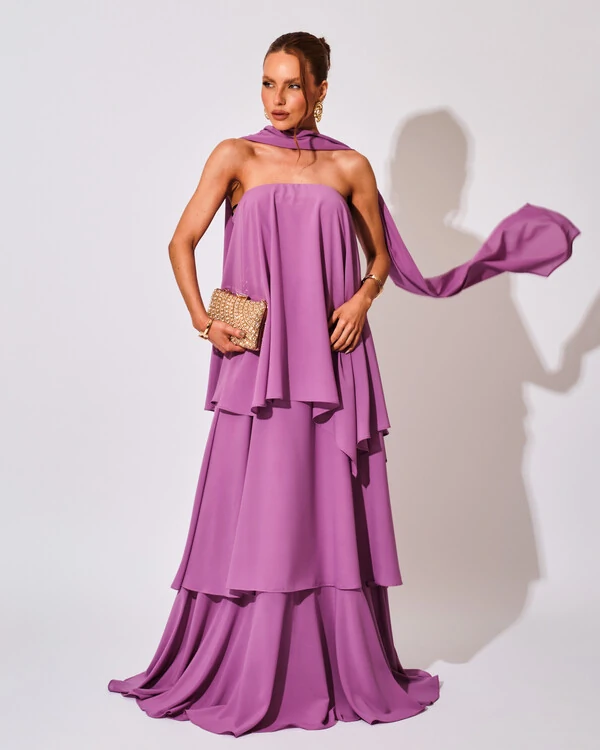 Vestido de Festa Longo Chiffon Crepe em Camadas com Lenço Fúcsia