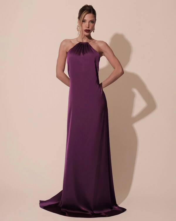Vestido de Festa Longo Cetim Fluido com Argola Frente Única Roxo