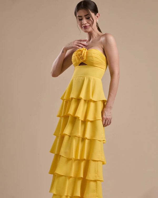 Vestido Longo Crepe Chiffon Tomara que Caia Plissado em Camadas Amarelo