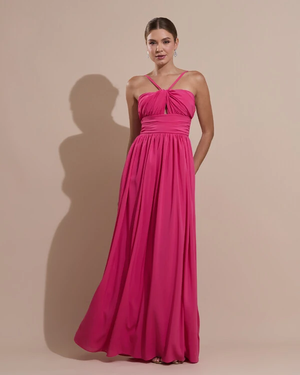 Vestido de Festa Longo Crepe Chiffon Drapeado com Alças Finas Pink New