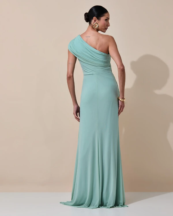 Vestido de Festa Longo Um Ombro Só Tule Drapeado Faixa Verde Menta