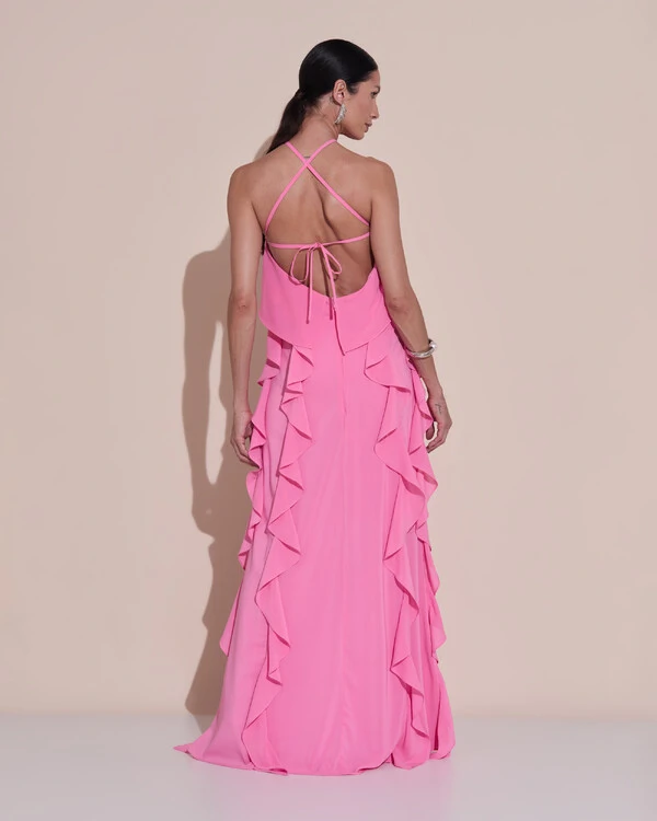 Vestido de Festa Longo Crepe Chiffon Frente Única Babados Cascata e Flor Rosa