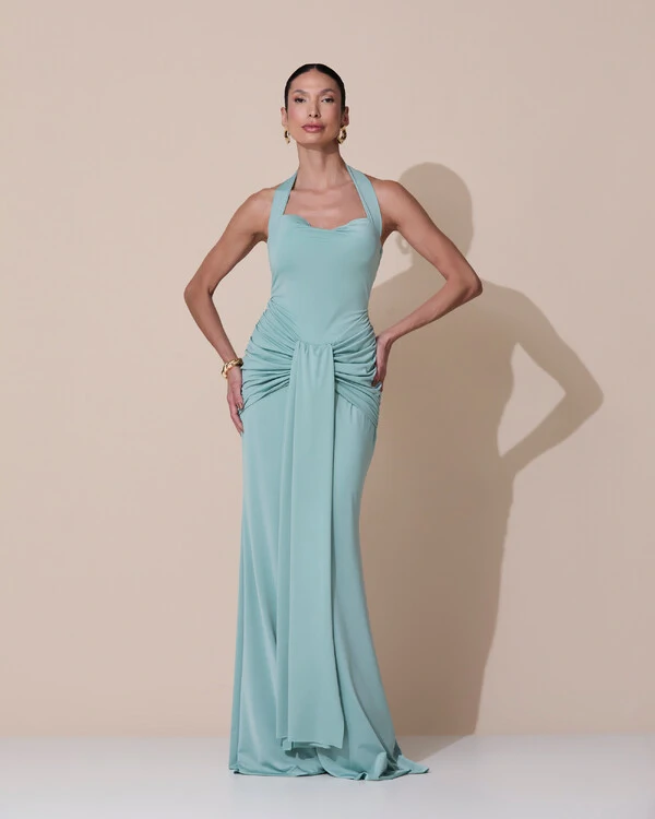 Vestido de Festa Longo Decote Coração Malha Jersey Drapeado Costas Trançada Verde Menta