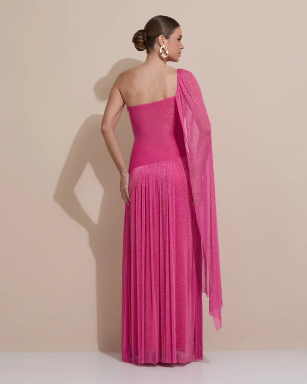 Vestido de Festa Longo Um ombro Só Tule Brilho Drapeado Capa Pink
