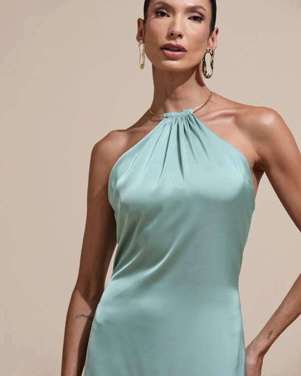 Vestido de Festa Longo Cetim Fluido com Argola Frente Única Verde Menta