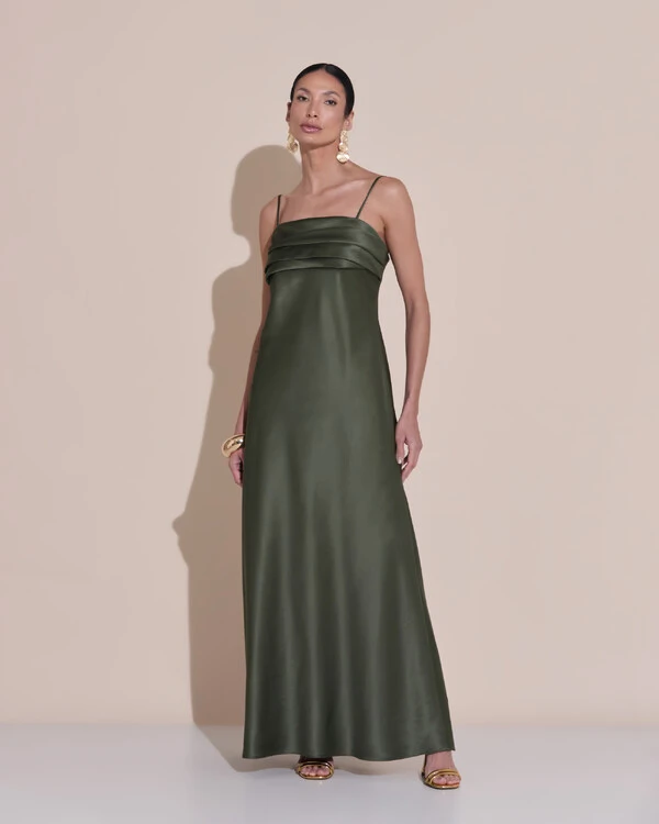 Vestido de Festa Midi Drapeado Cetim Verde Oliva